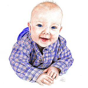 colour pencil drawing of baby in tartan shirt