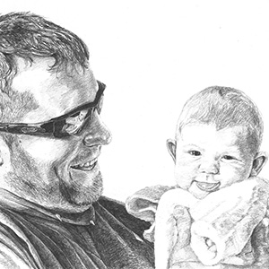 black and white pencil drawing of dad holding baby in hands