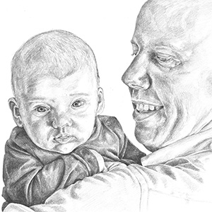 black and white pencil drawing of dad holding baby on his shoulder