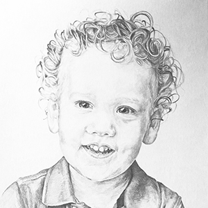 black and white pencil drawing of boy with curly hair