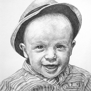 black and white pencil drawing of boy wearing hat