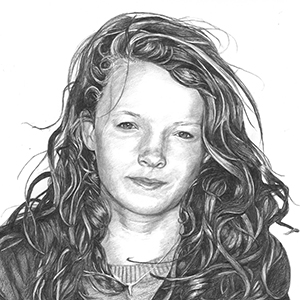 black and white pencil drawing of teenage girl with long hair