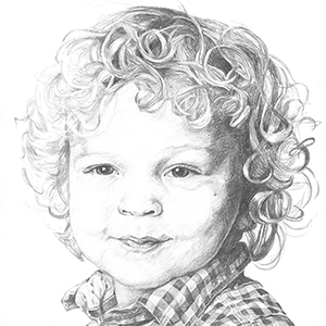 black and white pencil drawing of boy with curly hair and checked shirt